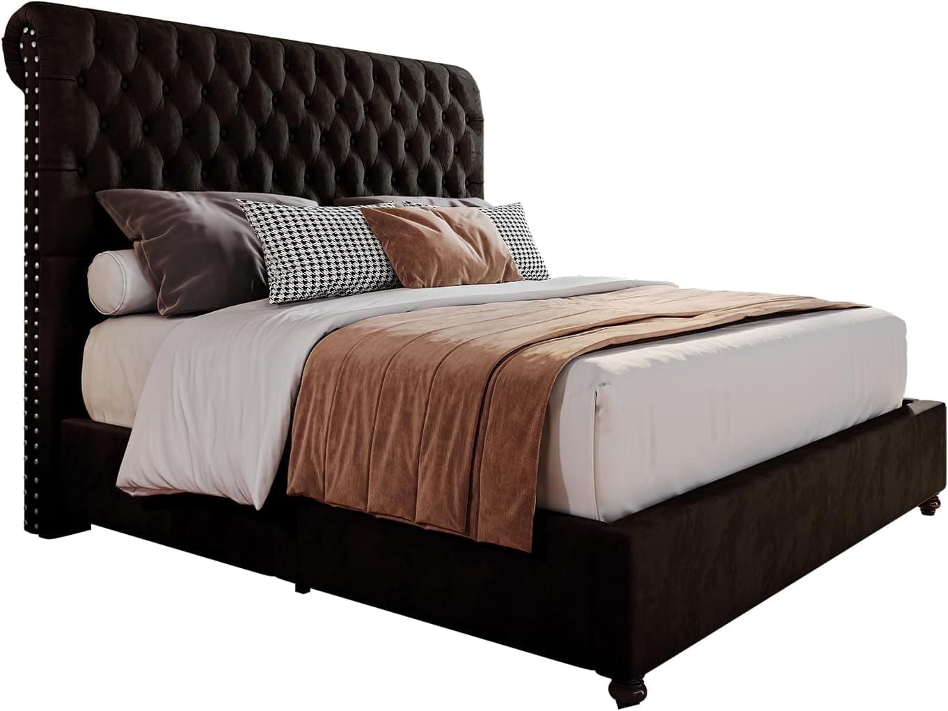 PaPaJet King Bed Frame Upholstered Platform Bed Frame with 53'' Tall Sleigh Headboard, Button Tufted, No Box Spring Needed, Easy Assembly, Black Black King - Image 10