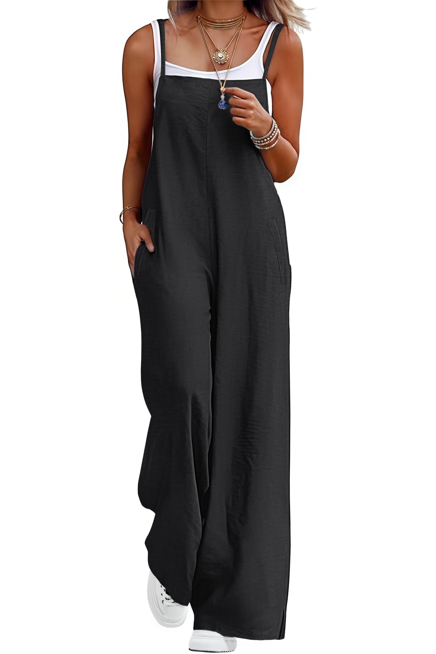 Lepunuo Womens Casual Loose Jumpsuits Summer Boho Wide Leg Rompers Sleeveless Overalls with Pockets A - Black Large