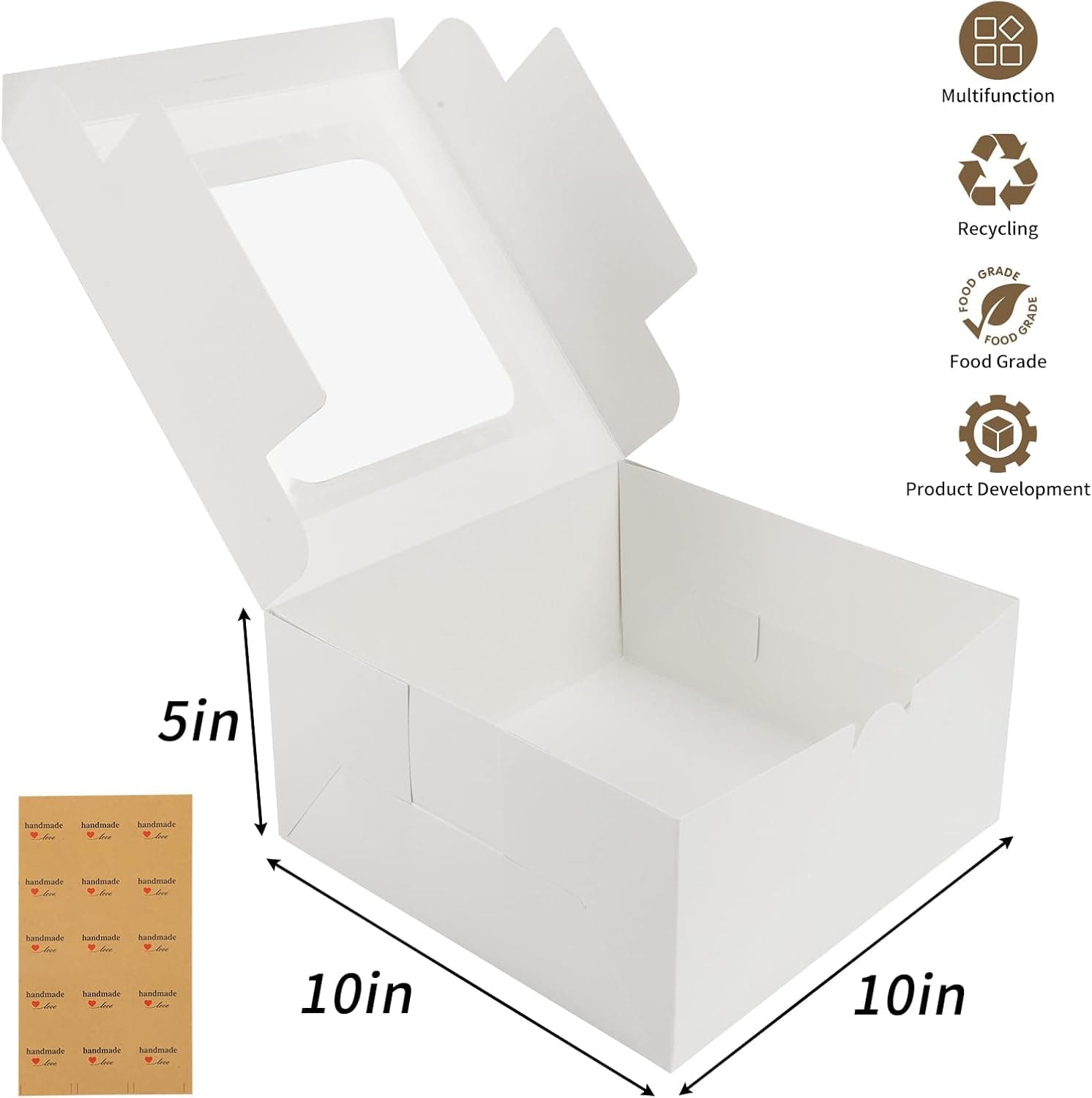 Moretoes 24pcs Cake Boxes, 10x10x5 Inches White Square Bakery Boxes with Window Cajas Pasteles for Cake, Mother's Day, Pastries, Chocolates, Cookies, Pie, Birthday Party, Wedding 24pcs-10*10*5 - Image 3