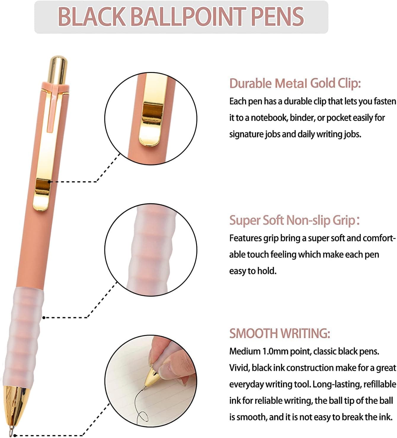 Linbsunne Bolígrafos de Punta Media Negra 1mm con Agarre Súper Suave Bolígrafo para Hombres y Mujeres Bolígrafos Retráctiles (oro-12 pcs) - Image 2