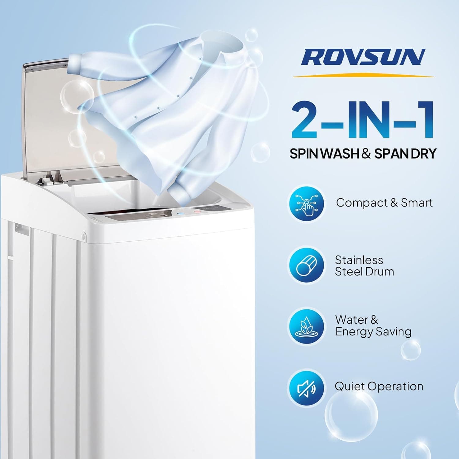 ROVSUN 17.8LBS Portable Washing Machine, Full-Automatic Electric Laundry Machine with Stainless Steel Drum, Compact Washer and Spin Dryer Combo with Drain Pump for Apartment, Dorm, Home - Image 2