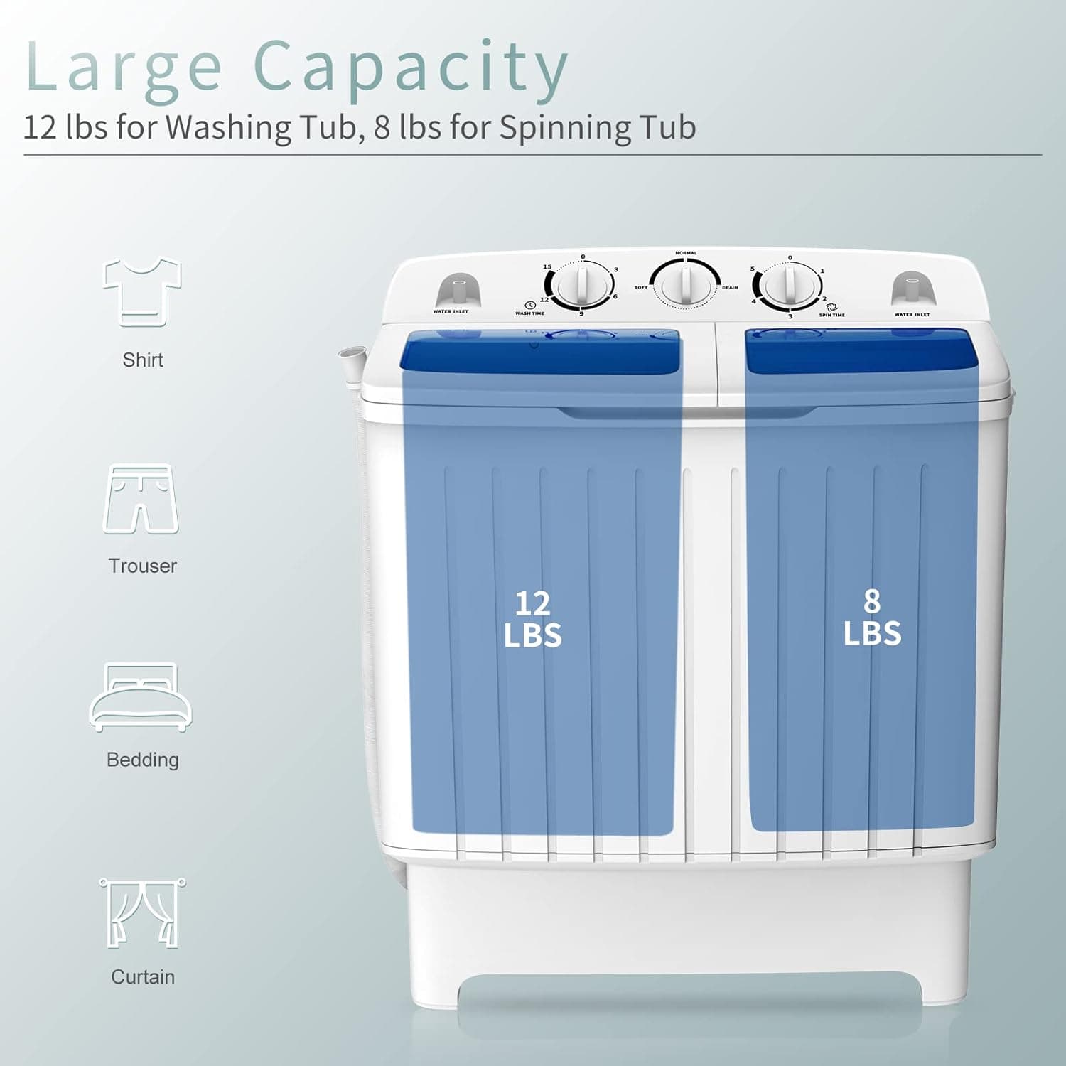 COSTWAY Portable Washing Machine, Twin Tub 20 Lbs Capacity, Compact Laundry Washer(12 Lbs) and Spinner(8 Lbs), Durable Design, Timer Control, Perfect for RV, Apartments and Dorms, Blue+White Blue + White - Image 5