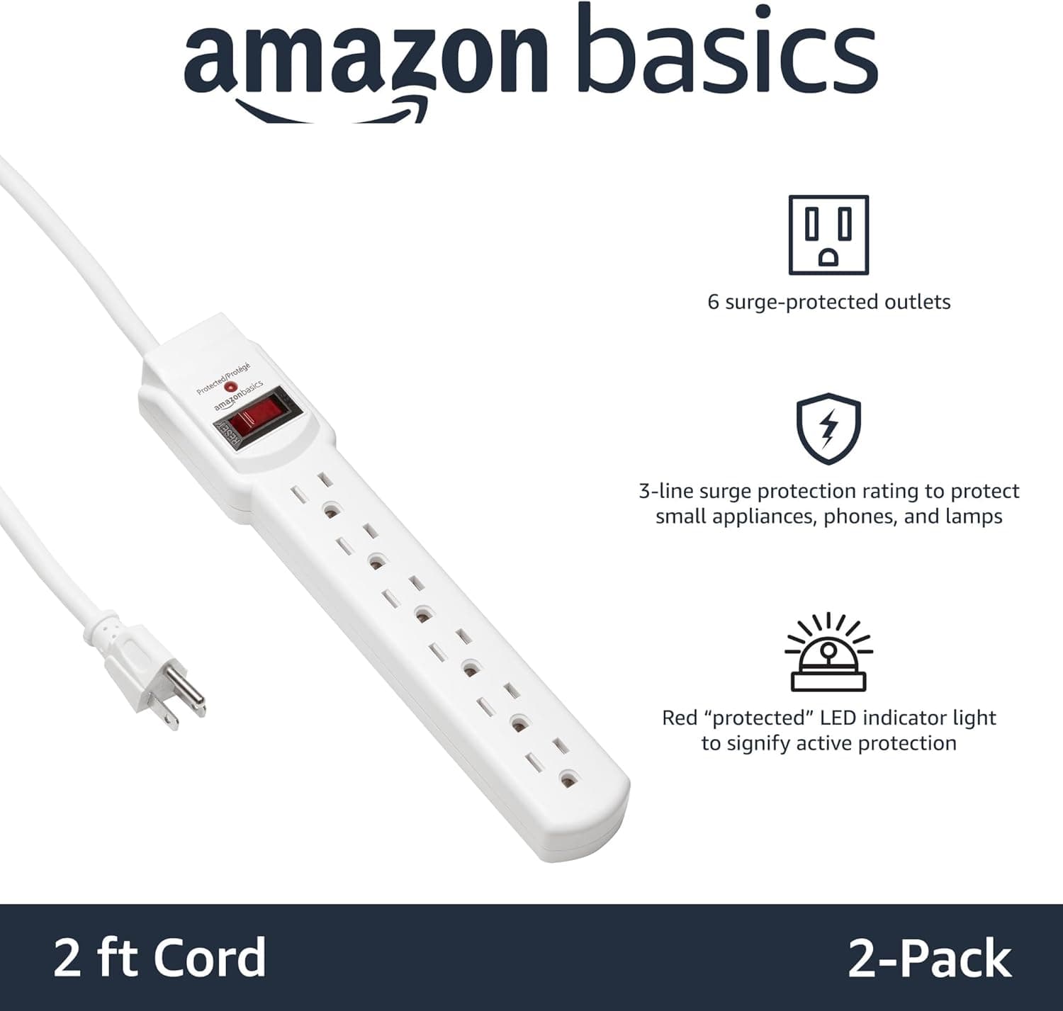Amazon Basics Surge Protector Power Strip, 6-Outlet with 200J Protection, 2ft Extension Cord, Rectangle, White (2 Pack) 200 Joule White 2 Pack - Image 3