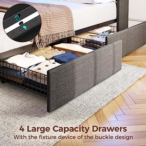 Rolanstar Twin Size Bed Frame with LED Lights and Charging Station, Upholstered Bed Storage Headboard & Drawers, Heavy Duty Wood Slats, Easy Assembly - Image 6