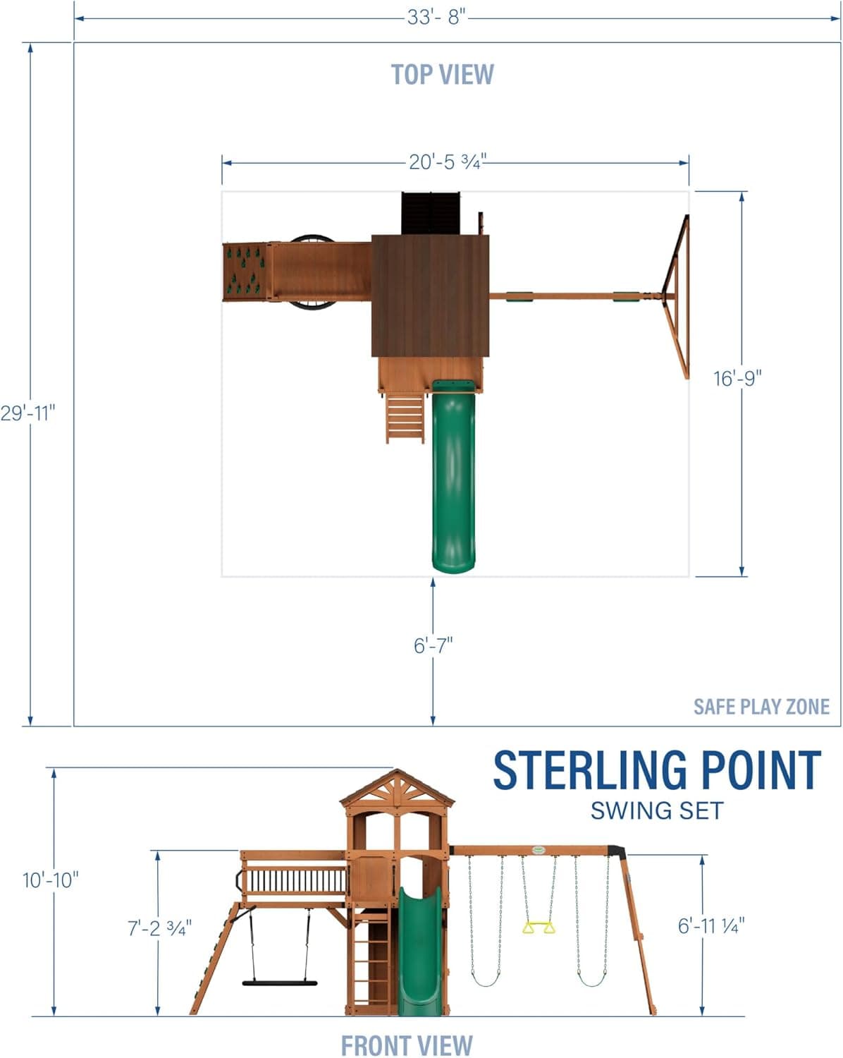 Backyard Discovery Sterling Point Cedar Wood Swing Set with Wave Slide, Raised Clubhouse, Wooden Bridge, Rock Wall, Belt Swings, Web Swing, Trapeze, Balcony, Climbing Wall, Ladder, Outdoor Playset Green - Image 4