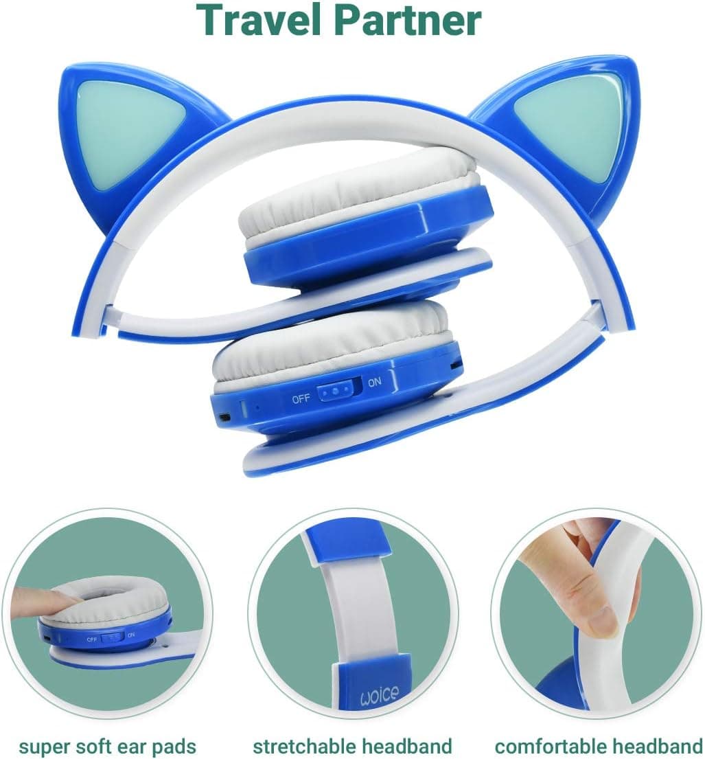 Woice Wireless Bluetooth Kids Headphones, LED Flashing Lights, Music Sharing Function, 85db Volume Limited, Over-Ear and Build-in Mic Wireless/Wired Children Headphones for Boys Girls (Blue) - Image 5