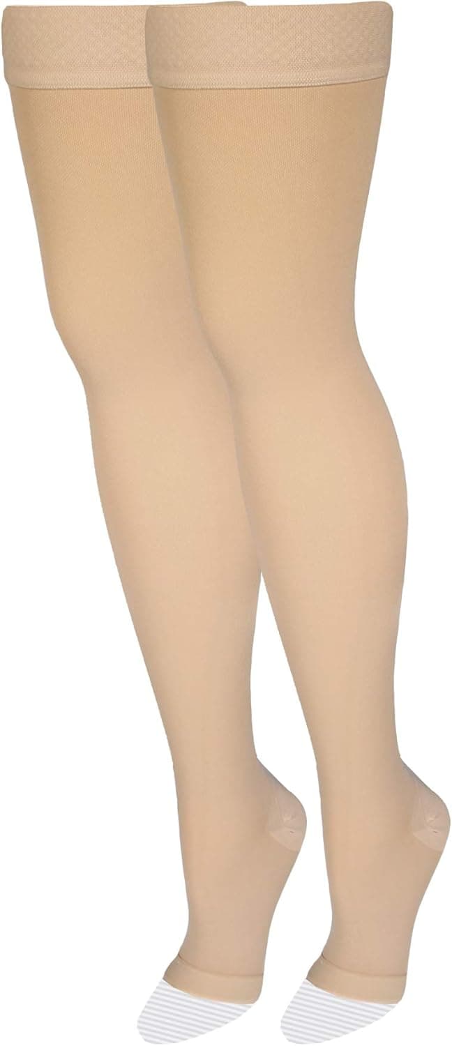 Amazon Basic Care Medical Compression Stockings, 20-30 mmHg Support, Women & Men Thigh Length Hose, Open Toe, Beige, Medium (Previously NuVein) - Image 4