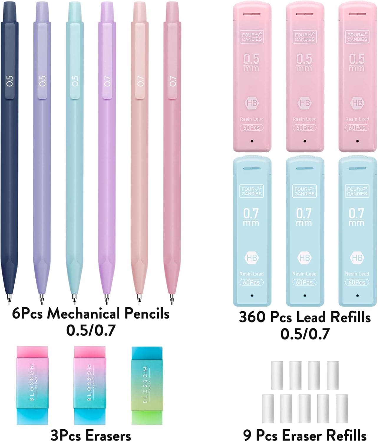 Four Candies Cute Mechanical Pencil Set, 6PCS Pastel Mechanical Pencils 0.5 & 0.7mm with 360PCS HB Leads, 3PCS Erasers and 9PCS Eraser Refills, Aesthetic School Supplies for Girls Writing 0.5mm + 0.7mm - Image 7