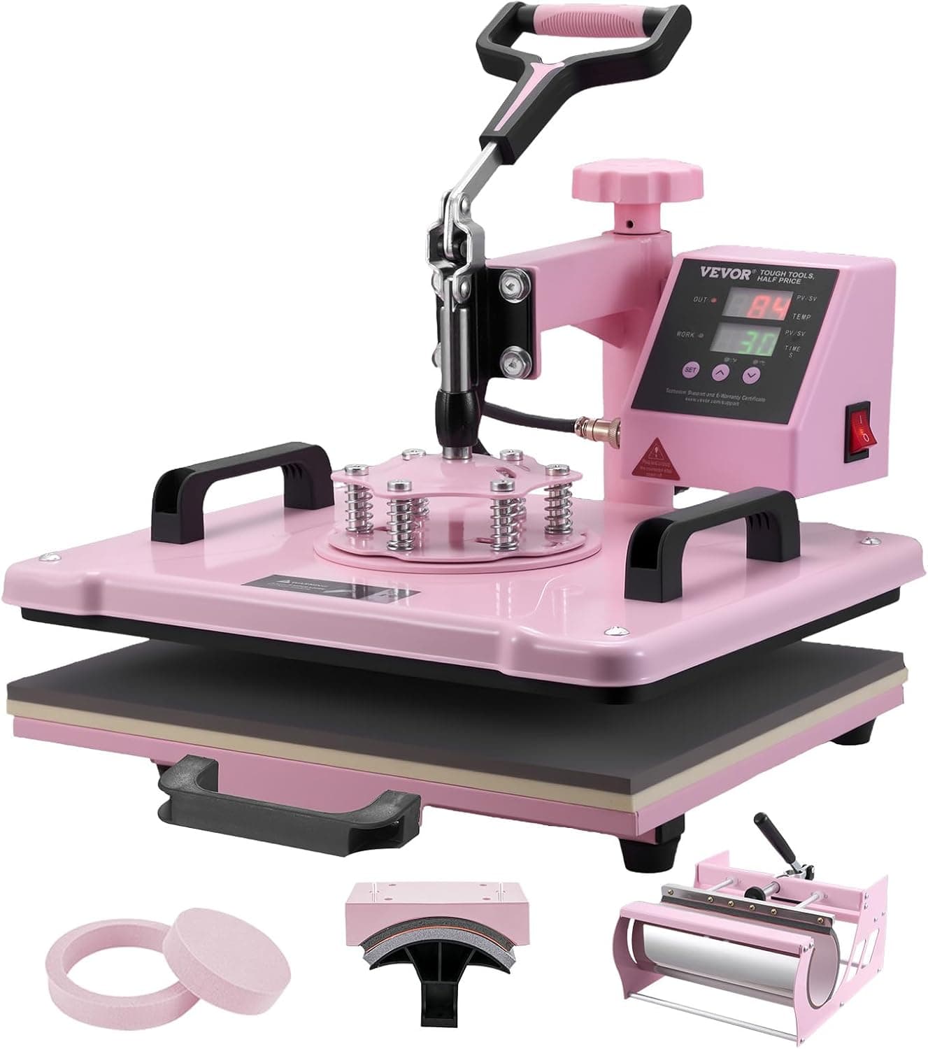 VEVOR Heat Press Machine 5 in 1 Combo with 30 OZ Tumbler Press & Hat Press, Slide Out 12x15 Inch Heat Press Sublimation Machine for T-Shirts, Hats Caps Tumblers Glass Cans Mugs, and Plates (Pink) 5 in 1 Pink-12x15-30 oz - Image 10