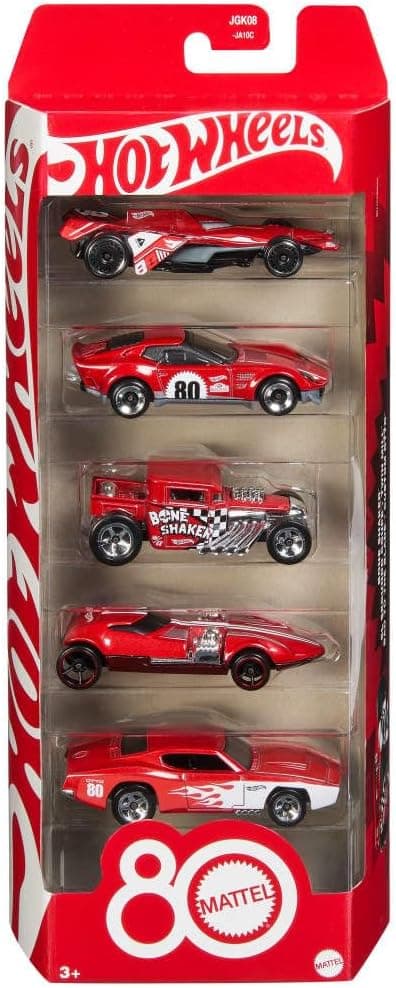 Hot Wheels Toy Cars, 5-Pack of 1:64 Scale Toy Cars with Collectible Deco & Packaging, Core Mattel 80th Anniversary Set of 5 Vehicles - Image 2