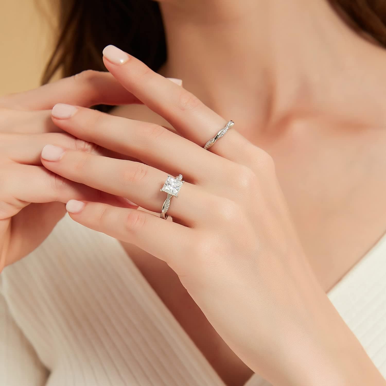 Mameloly 2ct Wedding Band for Women Princess Cut Bridal Ring Sets Cubic Zirconia Promise Engagement Rings Twisting Infinity Pave Set Size 4-12 Silver 7 - Image 6