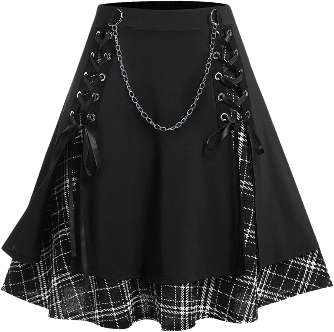 ROSE GAL Women's Plus Size Mini A-Line Gothic Skirt Casual Plain Chain Detail High Waisted Short Stitching Plaid Pleated Black 1X - Image 2