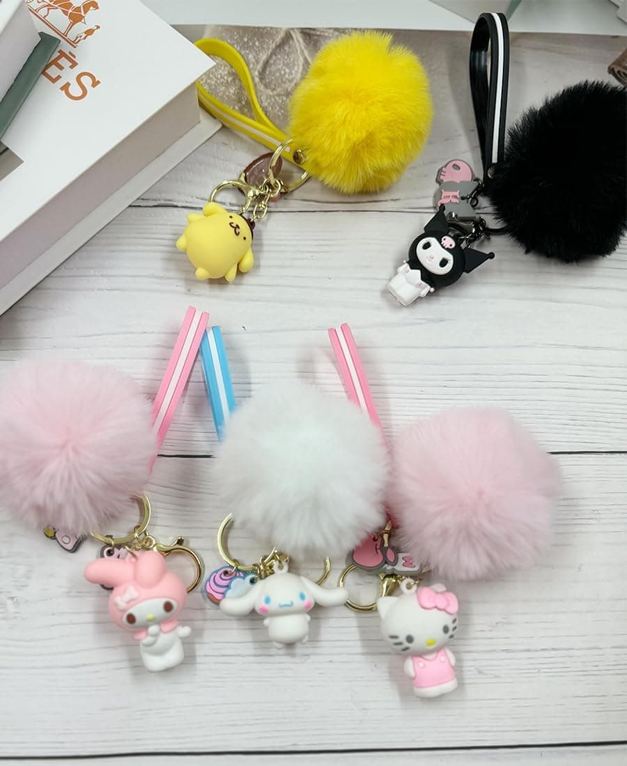 Cute Keychains for Girls, Kawaii Pom Pom Fuzzy Key Chain Accessories Wristlet Cartoon Keychain Pink208 - Image 8