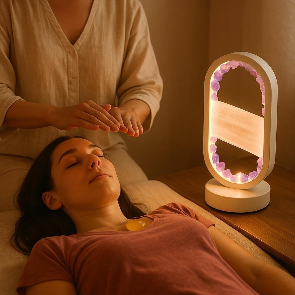 GC QUILL Natural Amethyst and Selenite Crystal Healing Night Table Lamp –3-Color Dimmable Mood Lighting for Meditation Relaxation and Restful Sleep, Purple Crystal Bedroom Decor (White) - Image 6