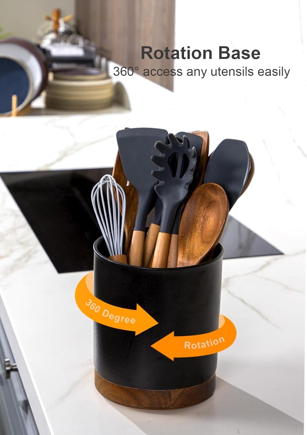 Nucookery 360°Rotating Utensil Holder, 7.2" Kitchen Utensil Crock, Ceramic Cooking Utensil Organizer with Countertop-Protection Cork Bottom for Farmhouse Kitchen Decor Christmas (Stone Black) - Image 4