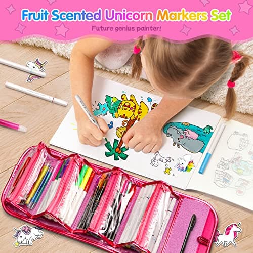beefunni Unicorn Washable Markers Set 48 pcs with Glitte Pencil Case, Art Supplies for Kids Ages 4-6-8, Arts Crafts Coloring Set with Stickers - Birthday Gifts for Girls 4 5 6 7 8 9 Year Old - Image 3