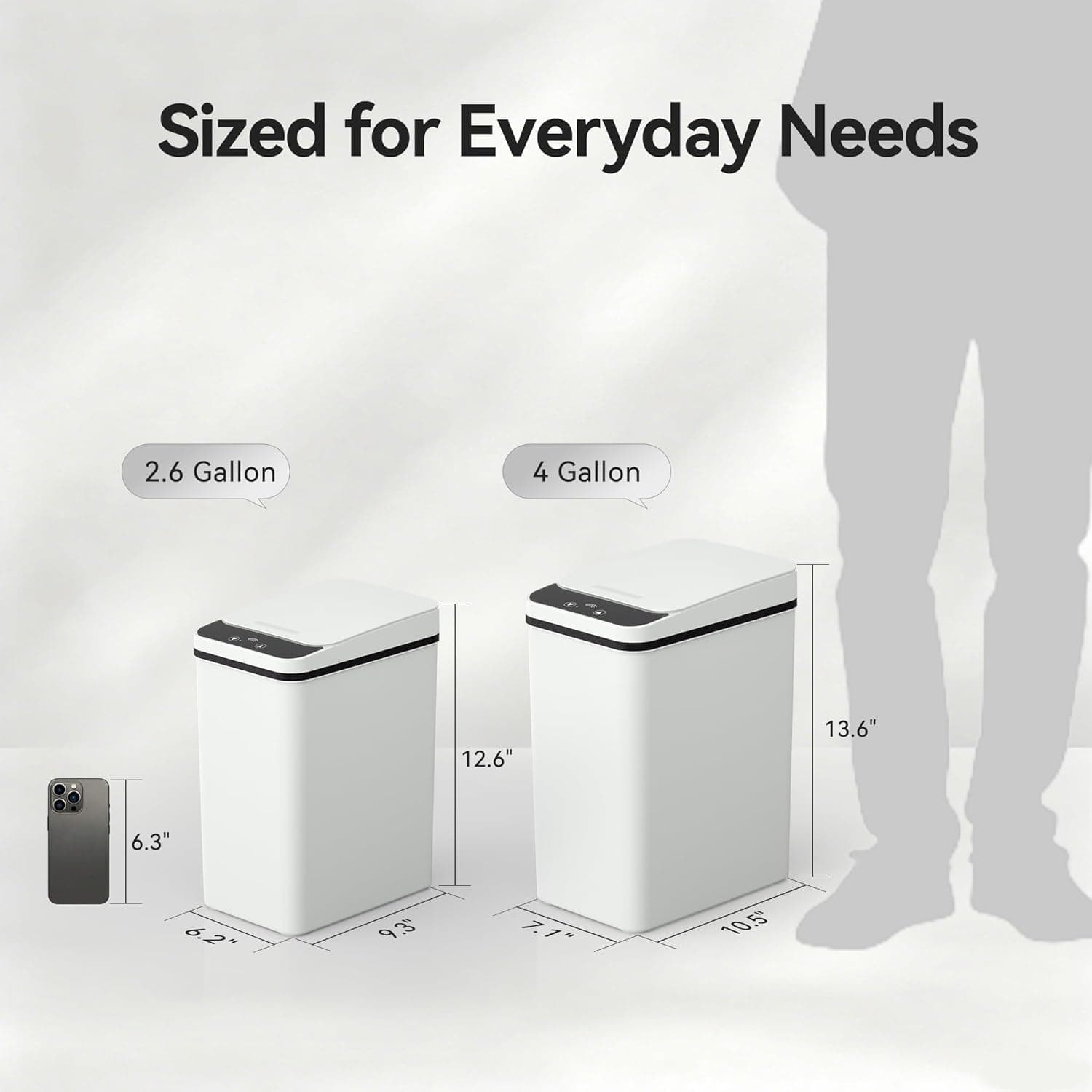 Bathroom Trash Can with Lid 2.6 Gallon Automatic Touchless Garbage Cans Small Smart Motion Sensor Trashcan Slim Waterproof Trashcan for Bedroom, Office, Living Room, Toilet, RV A-Basic Battery Supply-White 1 Pack(2.6 Gallon) - Image 3