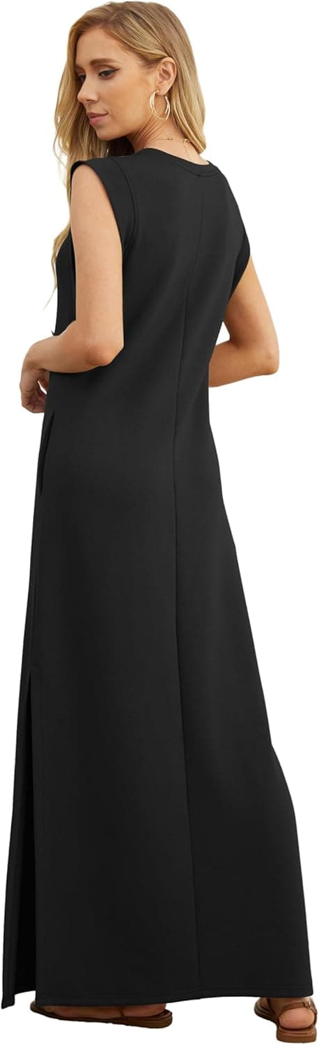 GRECERELLE 2025 Women Year-Round Casual Round Neck Loose Split Wrinkle-Free Long Maxi Vacation Dress with Pockets (XS-3XL) Medium Black - Image 6