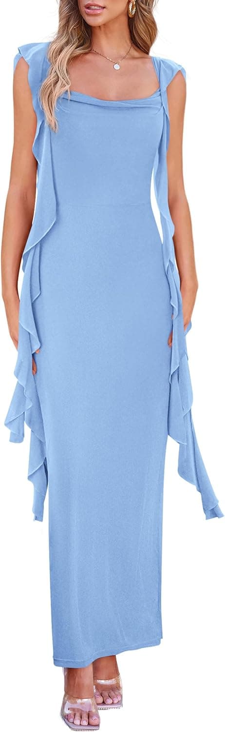 PRETTYGARDEN Women's 2025 Summer Wedding Guest Dress Sleeveless Ruffle Formal Cocktail Party Maxi Bodycon Dresses Medium Light Blue - Image 2