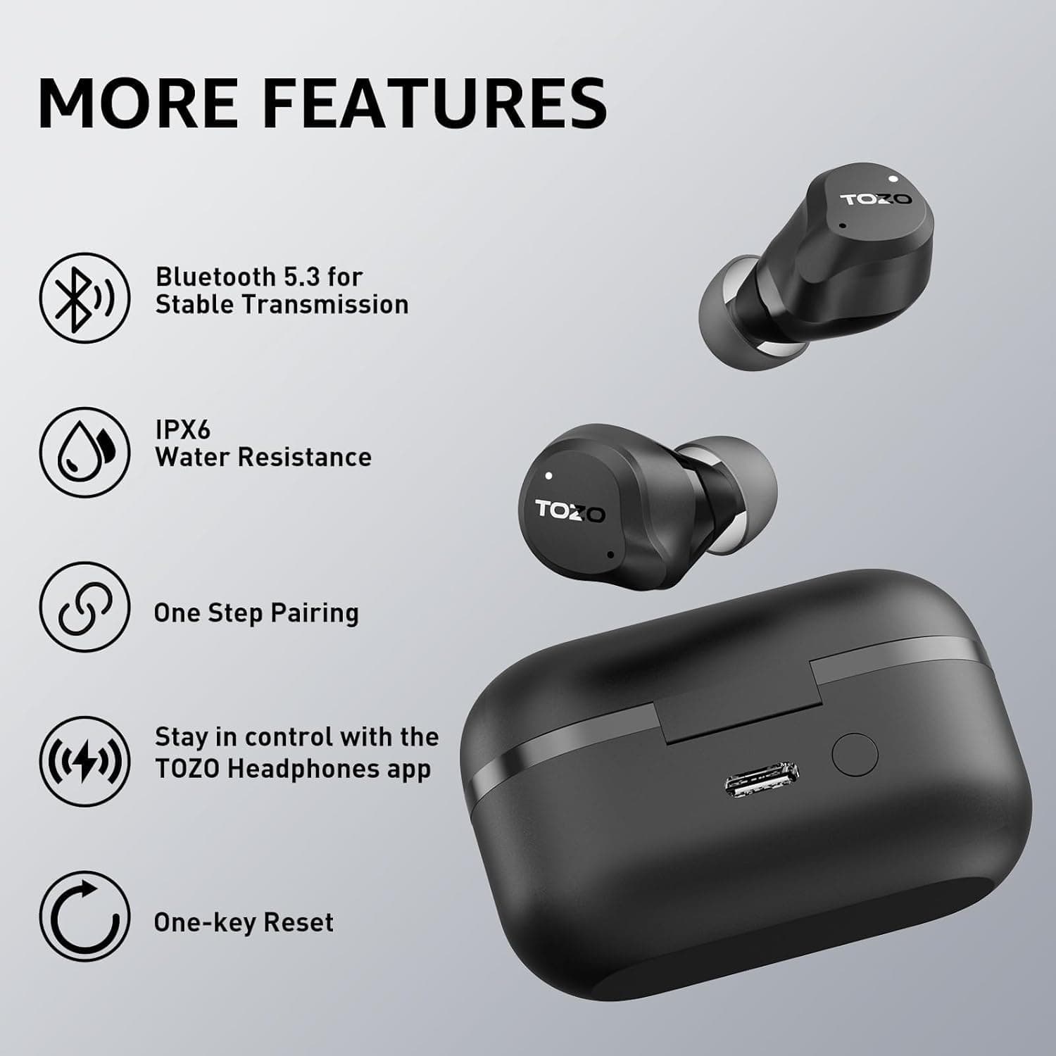 TOZO NC9 Hybrid Active Noise Cancelling Wireless Earbuds, 6 Mics ENC Clear Call, IPX8 Waterproof, in Ear Bluetooth 5.3 Headphones Stereo Bass Ear Buds 59H Playtime with LED Display 32 EQs via APP Dark Black - Image 7