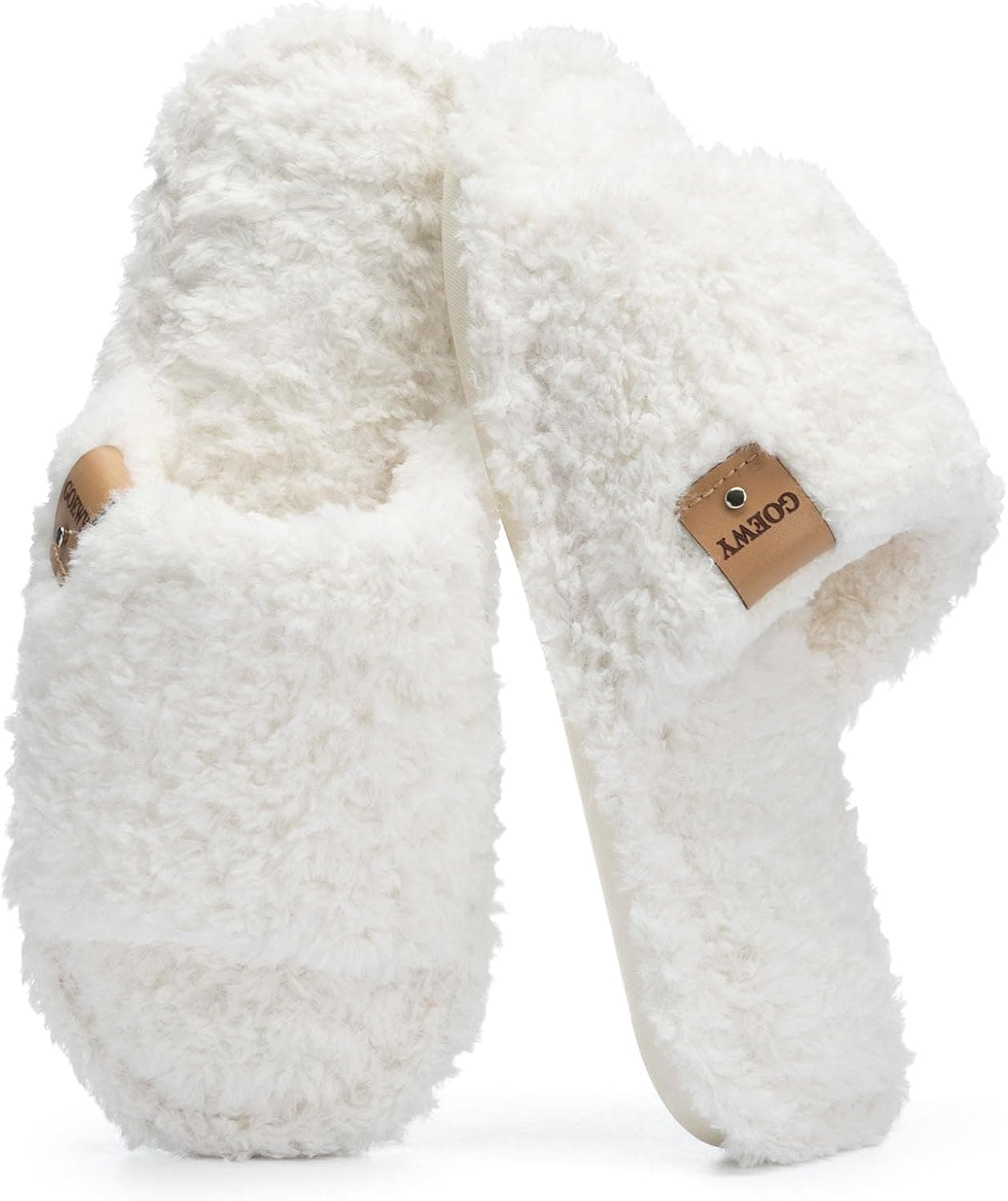 Fuzzy Open Toe Slippers for Women Indoor Cozy Memory Foam Slip On House Slides Shoes Gifts for Womens Her Mom White 7-8 - Image 2