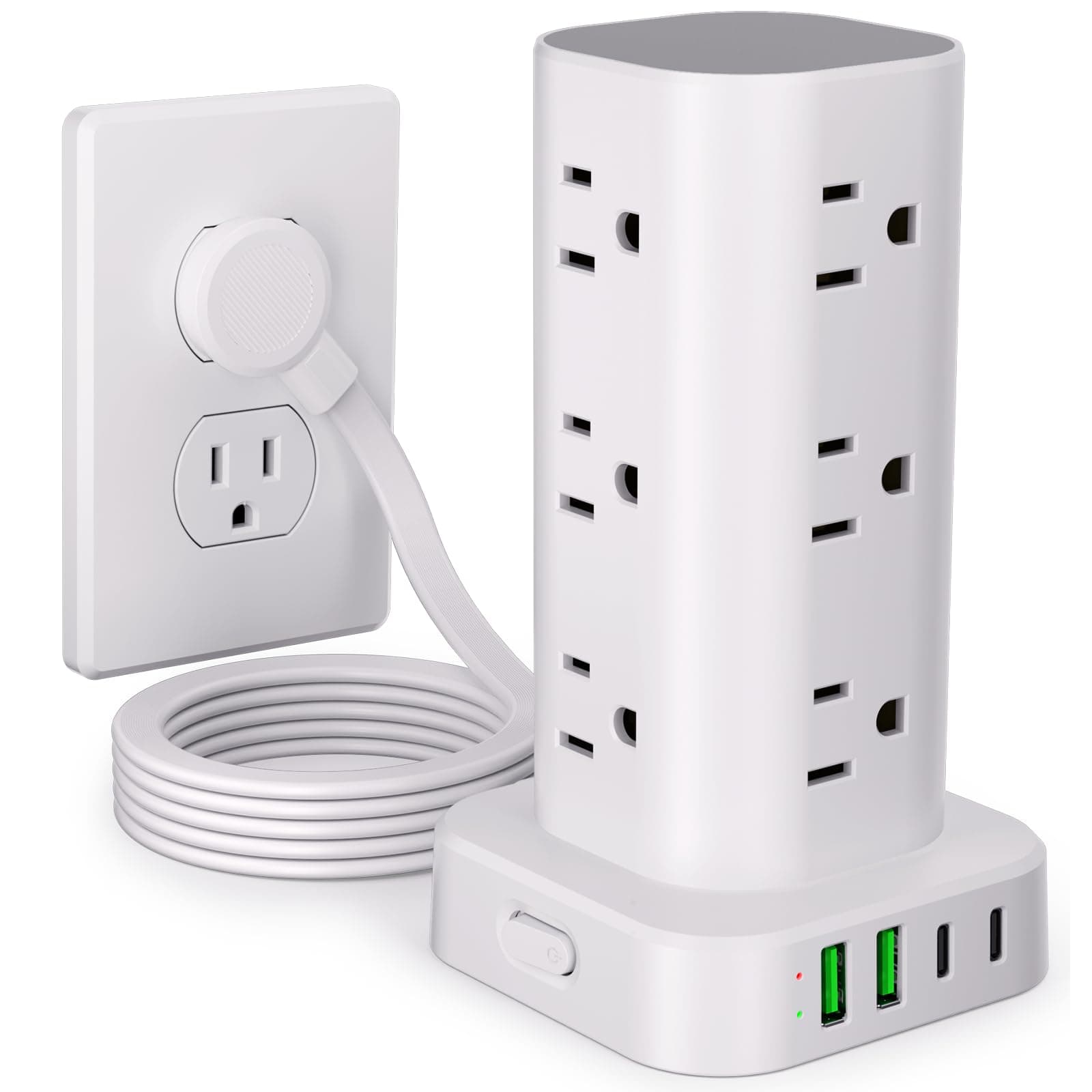 Power Strip Tower with Multiple Outlets, Flat Plug Surge Protector Tower Extension Cord with 12 AC Outlets 4 USB Ports (2 USB C), 6FT Cord Power Tower Surge Protector for Home Office Dorm Room, White White 6FT without Wireless Charging