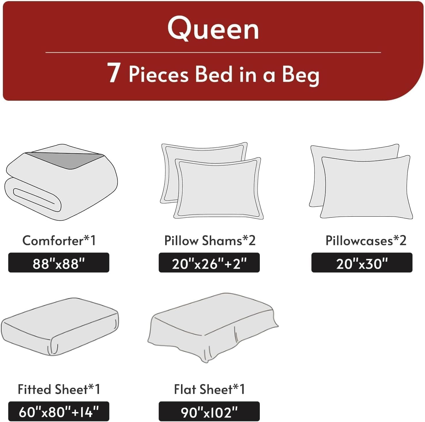 MUXHOMO 7 Pieces Queen Comforter Set, Reversible Bed in a Bag Queen Size, All Season Bedding Set with Comforter, Flat Sheet, Fitted Sheet, Pillowcases & Shams, Red & Black Queen (88"x88") 01 - Red/Black - Image 6