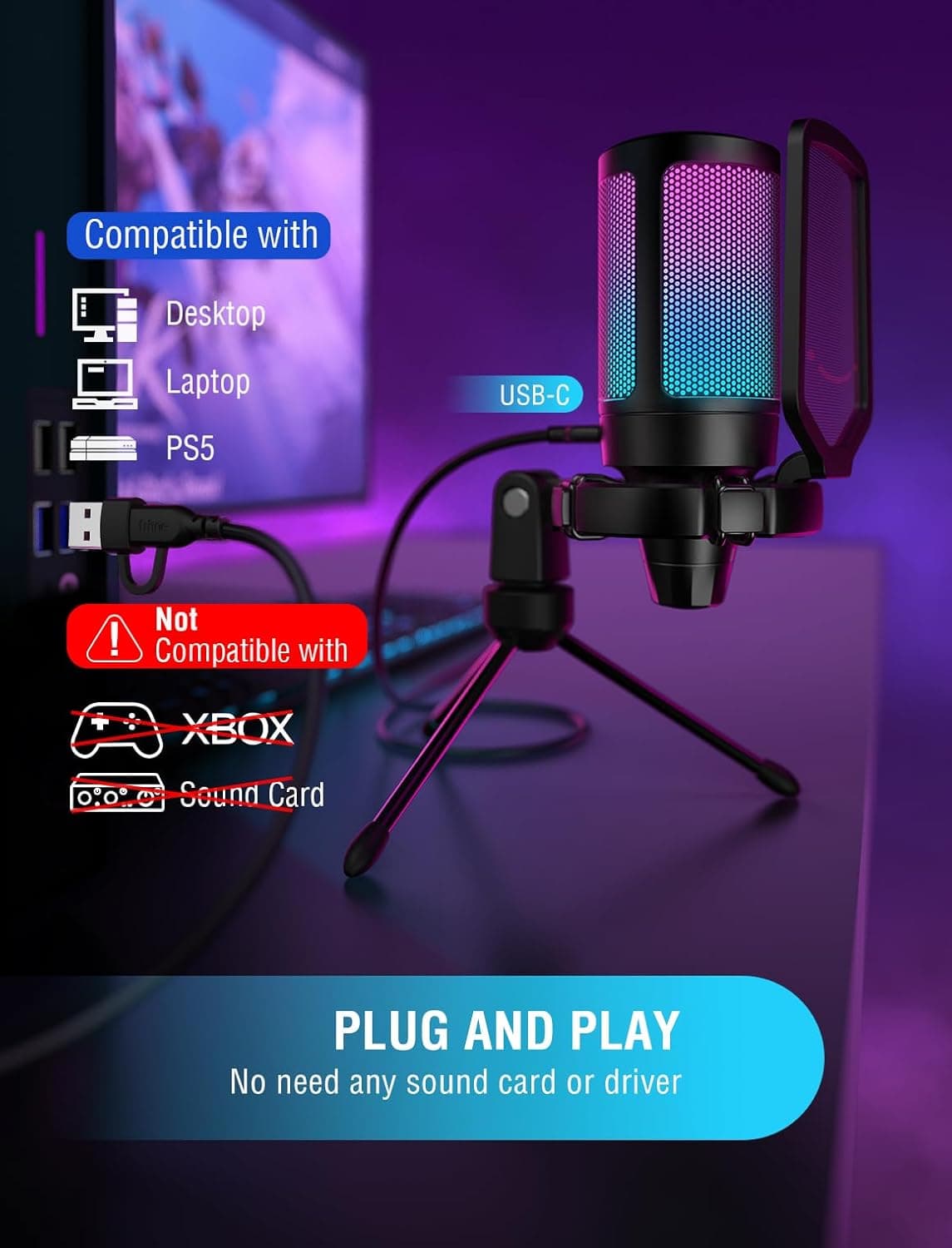 Micrófono USB para Gaming FIFINE para PC PS5, Micrófono de Condensador con Silencio Rápido, Indicador RGB, Soporte de Trípode, Filtro Antipop, Montaje de Choque, Control de Ganancia para Streaming Discord Twitch Podcasts Videos - AmpliGame Negro - Image 7