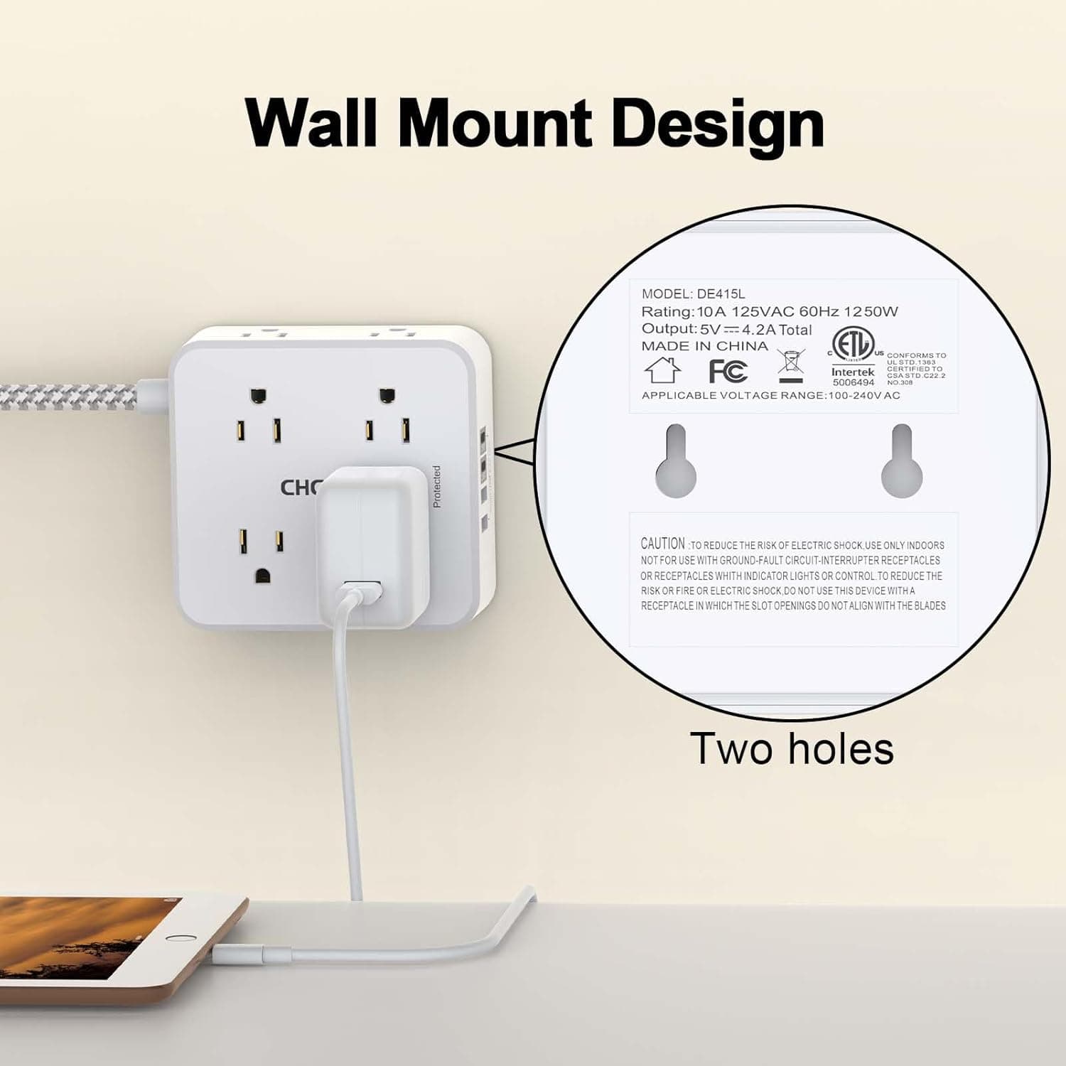 Surge Protector Power Strip - CHCORE 5Ft Braided Extension Cord with 8 Outlets with 4 USB (2 USB C) Charging Ports, Flat Plug Multi Plug Outlet Extender Charging Station for Home Office, ETL, White - Image 5