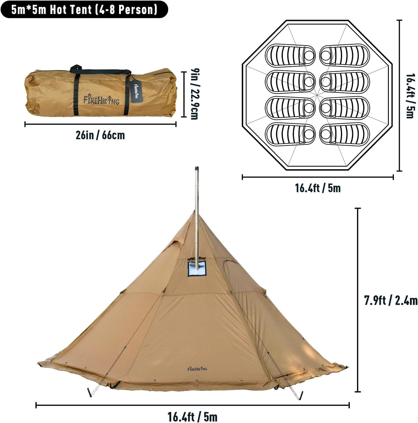 FireHiking Camping Hot Tent 4-8 Person Tipi Tent with Stove Jack for Bushcraft, Cooking and Heating Outer Tent - Image 3