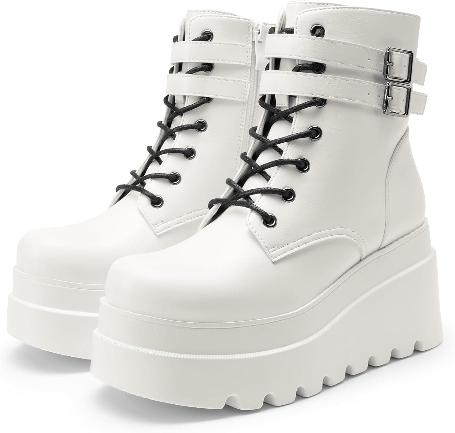 DREAM PAIRS Women Platform Combat Ankle Boots Goth Chunky High Heel Lace Up Motorcycle Booties 9 White - Image 3