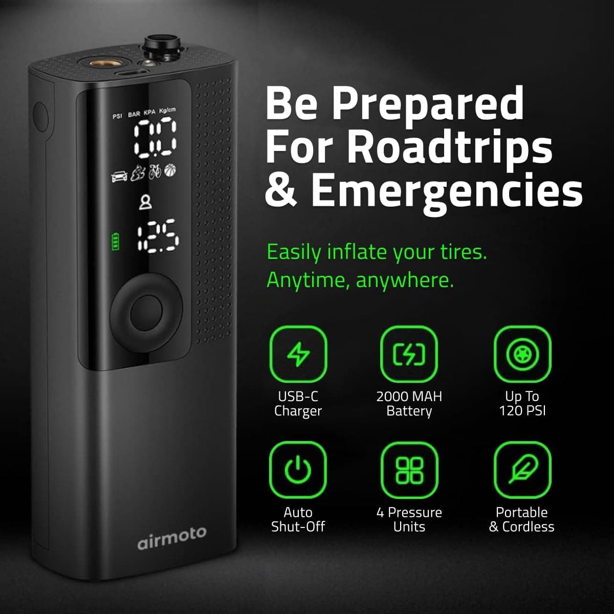 Airmoto Tire Inflator Portable Air Compressor - Air Pump for Car Tires with Digital Pressure Gauge, LED Light and Auto Shut-Off Function - Cordless Pump for Car, Motorcycle, Bicycle, Ball 1-Pack - Image 3