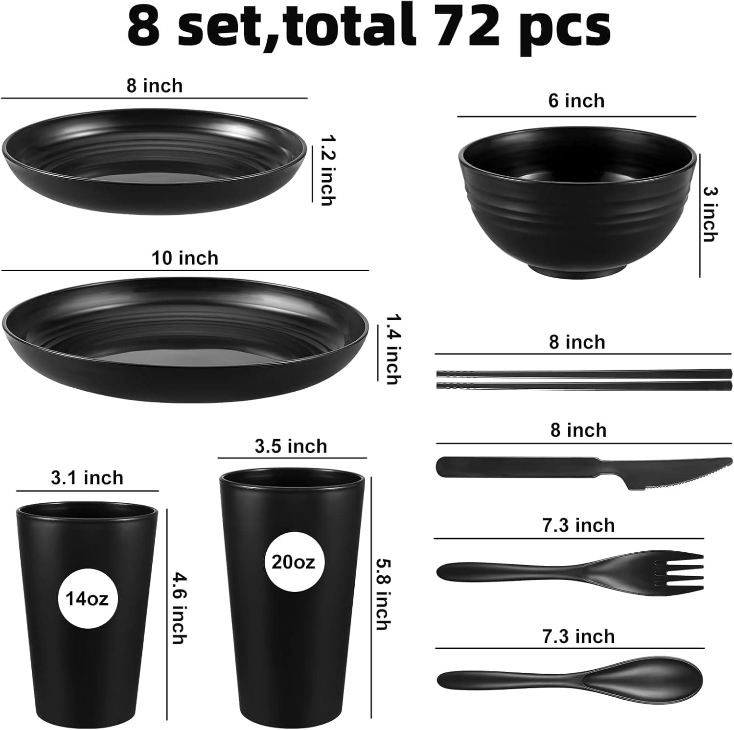72 Pcs Plates and Bowls Sets, Unbreakable Wheat Straw Dinnerware Set Service for 8, Plastic Dish Set, Reusable Plates Bowls Cups for Kitchen, Camping, Outdoor, Dorm Microwave & Dishwasher Safe, Black - Image 3