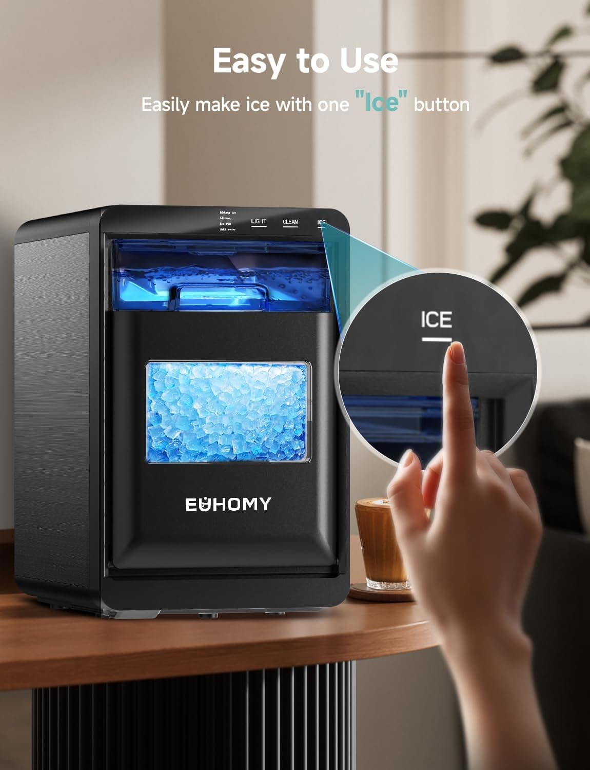 EUHOMY Máquina de Hielo en Nugget de Encimera, 40Lbs/24H Máquina de Hielo en Pebbles, Máquinas de Hielo Sónicas de Encimera con Cucharón y Canasta, Máquina de Hielo en Pellets para Hogar/Cocina/Oficina Negra 40LBS/Día - Image 4