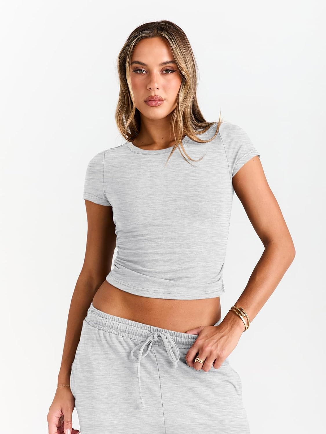 Trendy Queen 2 Piece Matching Summer Sweatsuit Lounge Set Womens Wide Leg Pants Side Ruching Crop Top Sets Oatmeal Grey Medium - Image 6