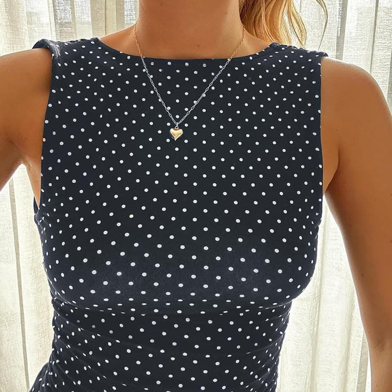Polka Dot Mini Dress for Women Sleeveless Round Neck Bodycon Flared Hem Casual Summer Outfit 2025 Navy Blue Small - Image 7