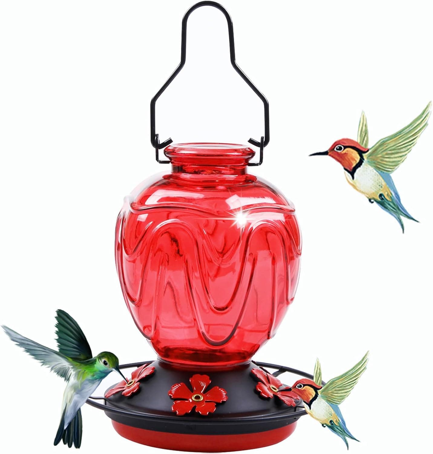 Glass Hummingbird Feeder for Outdoors Hanging, 24Ozs Humming Bird Nectar Feeder w/Perch, 5 Flower Feeding Ports, Leak Proof Base and Hook for Outside Garden Backyard Decor, Gifts for Women Mom, Red - Image 2