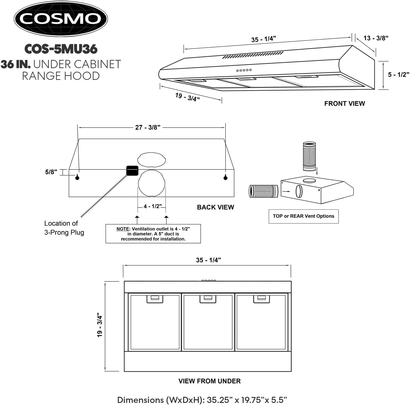 COSMO COS-5MU36 36 in. Delta Collection Ducted Under Cabinet Range Hood, Button Controls, Reusable Filters, LED Lights, Stainless Steel Stainless Steel 36 inch - Image 5