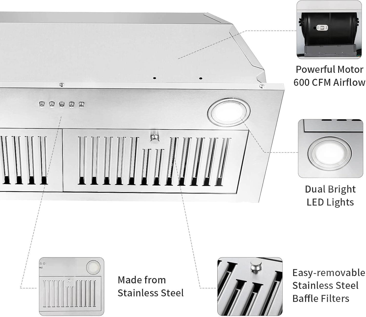 Range Hood Insert 30 inch,Stainless Steel Kitchen Vent Hood 600CFM,Built-in Kitchen Stove Hood w/Front Button Controls and Front LED Lights,Baffle Filters,Ducted/ductless Convertible Duct - Image 4