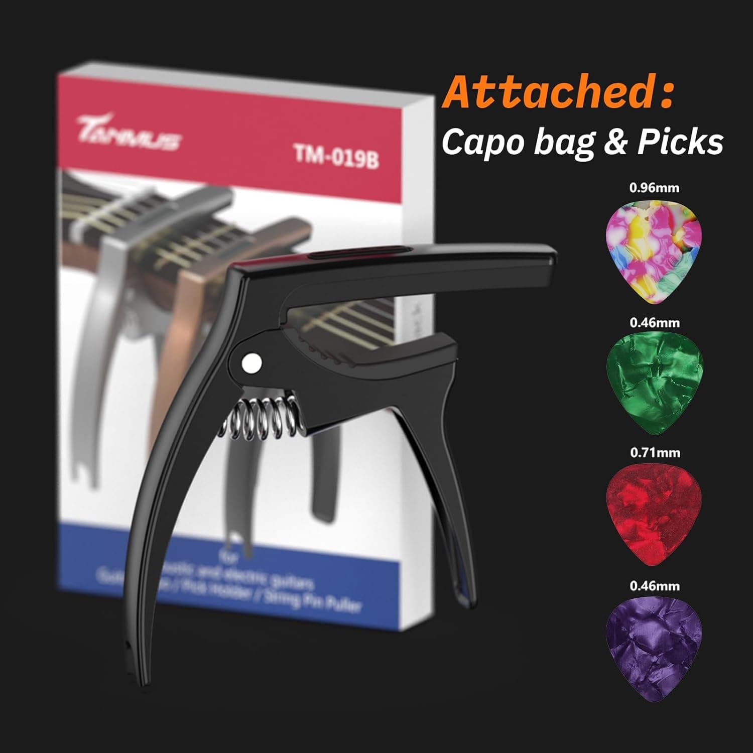Guitar Capo,TANMUS 3in1 Zinc Metal Capo for Acoustic and Electric Guitars (with Pick Holder and 4Picks),Ukulele,Mandolin,Banjo,Guitar Accessories Black - Image 7