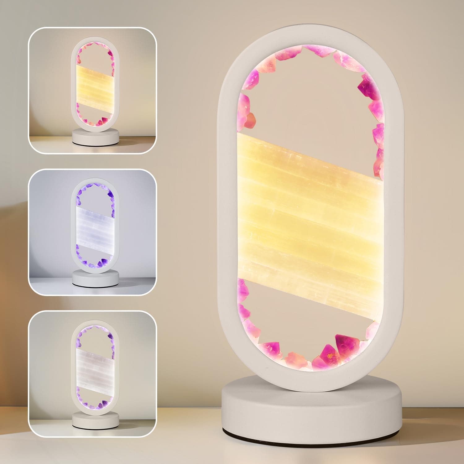GC QUILL Natural Amethyst and Selenite Crystal Healing Night Table Lamp –3-Color Dimmable Mood Lighting for Meditation Relaxation and Restful Sleep, Purple Crystal Bedroom Decor (White) - Image 3