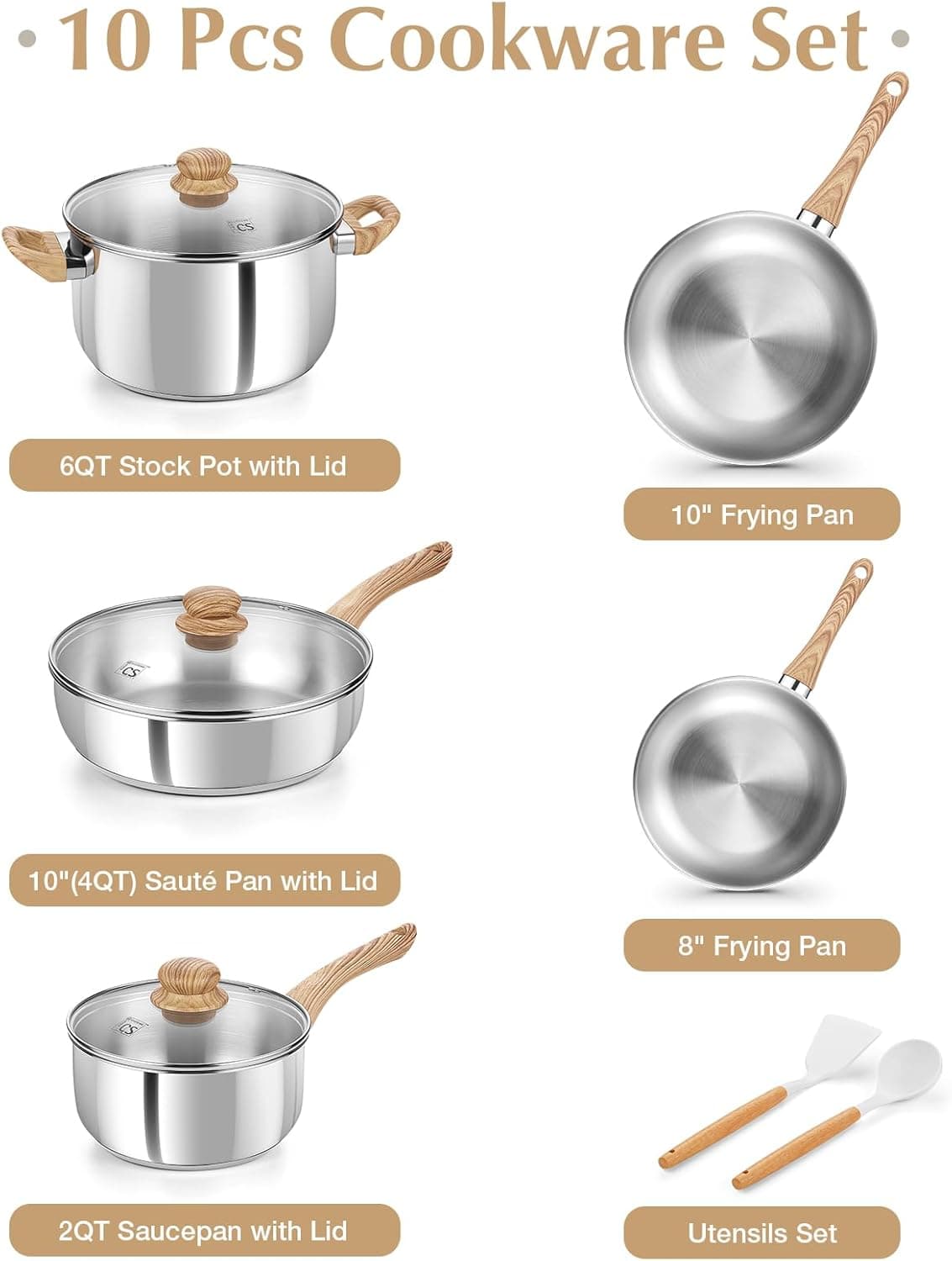 KOCH SYSTEME CS Stainless Steel Coowkare Set 10PCS, Professional 18/10 Stainless Steel Pots and Pans Set with Cool-Touch Handles, Tri-ply Base, Kitchen Cookware Sets, Cooking Set Induction Compatible 10 Pcs - Image 6