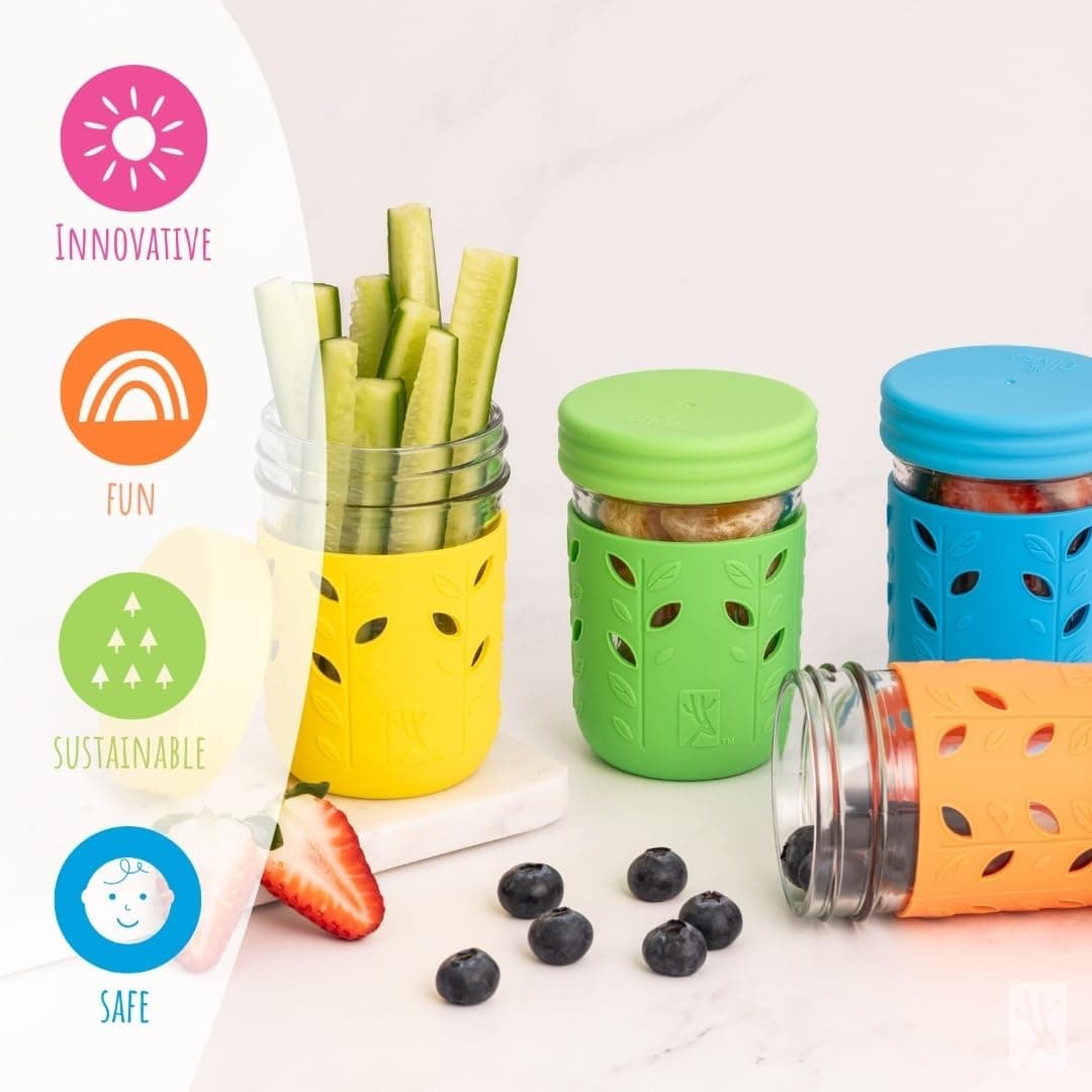Elk and Friends Kids + Toddler Glass Cups | The Original 8oz Glass Mason Jar with Sleeves + Lids | Silicone Straws + Stopper | Smoothie Cup | Food Storage | Spill Resistant | Dishwasher Safe | 4 Pack Gray/Sage/MistyBlue/Navy 4 Pack - Image 8