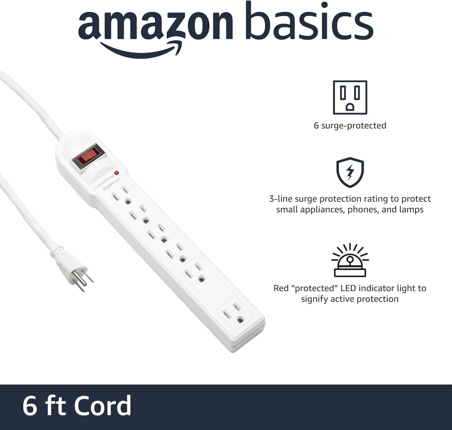 Amazon Basics Surge Protector Power Strip, 6-Outlet, 790 Joules, LED Indicator, 6ft Extension Cord, White Old Version White 1 Pack - Image 3