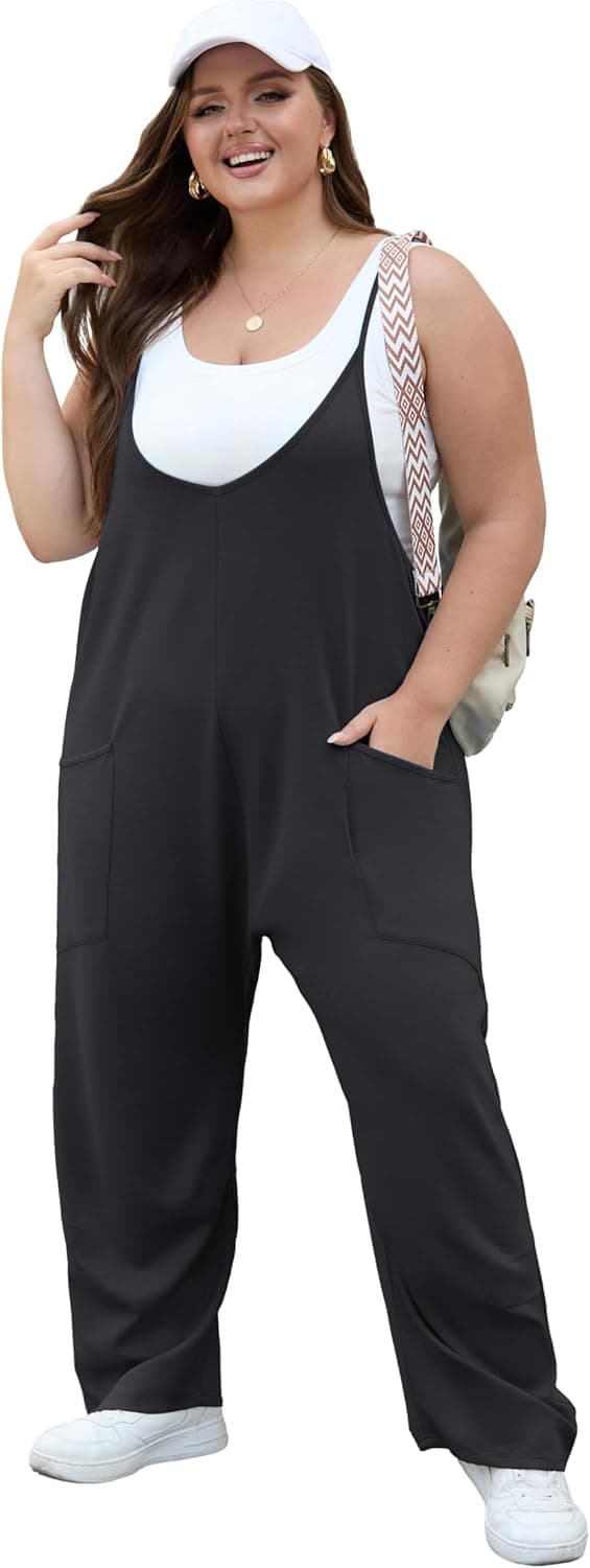 OLRIK Womens Plus Size Jumpsuit Adjustable Strap Stretchy Overalls Loose Fit Romper Fall Outfits with Pockets Black 3X - Image 3