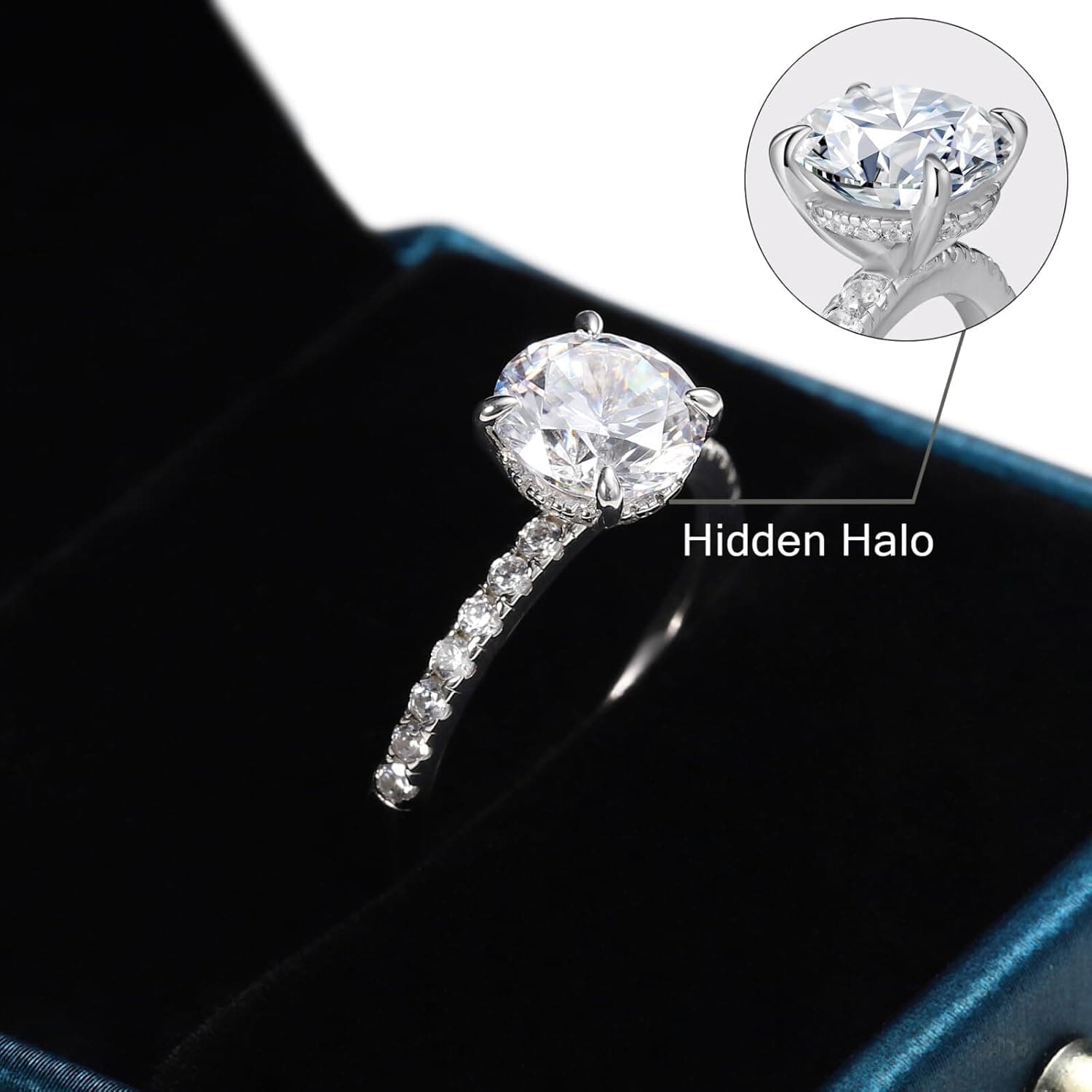 SMILEST 2ct Hidden Halo Engagement Rings for Women, 14K White Yellow Gold Plated Solid 925 Sterling Silver Cubic Zirconia Ring 4 Claw Side Stone Engagement Rings for Women Solitaire Ring 7 "2ct-Hidden Halo Engagement Ring-Silver - Image 4
