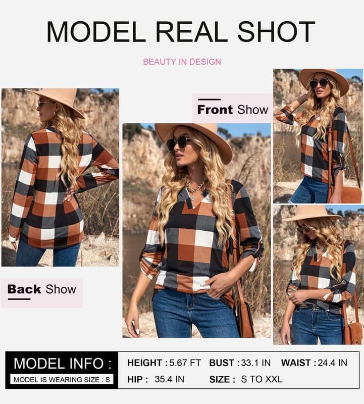 Dokotoo Womens Basic Casual V Neck Plaid Print Cuffed Long Sleeve Work Tops Blouses Shirts S-3XL Medium Orange - Image 5