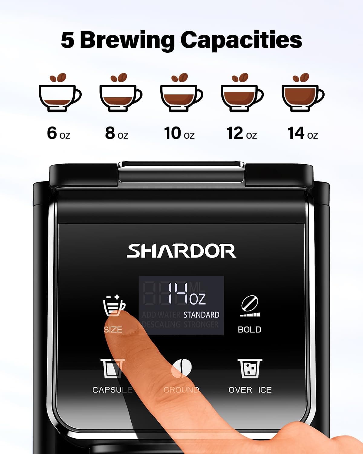 SHARDOR Coffee Maker Hot & Iced With Bold Setting,Single Serve Coffee Maker For K Cup And Grounds，52 Oz Removable Water Tank,6-14 Oz Brew Sizes,One Cup Kcup Coffee Machine With Reusable Filter, Black - Image 6