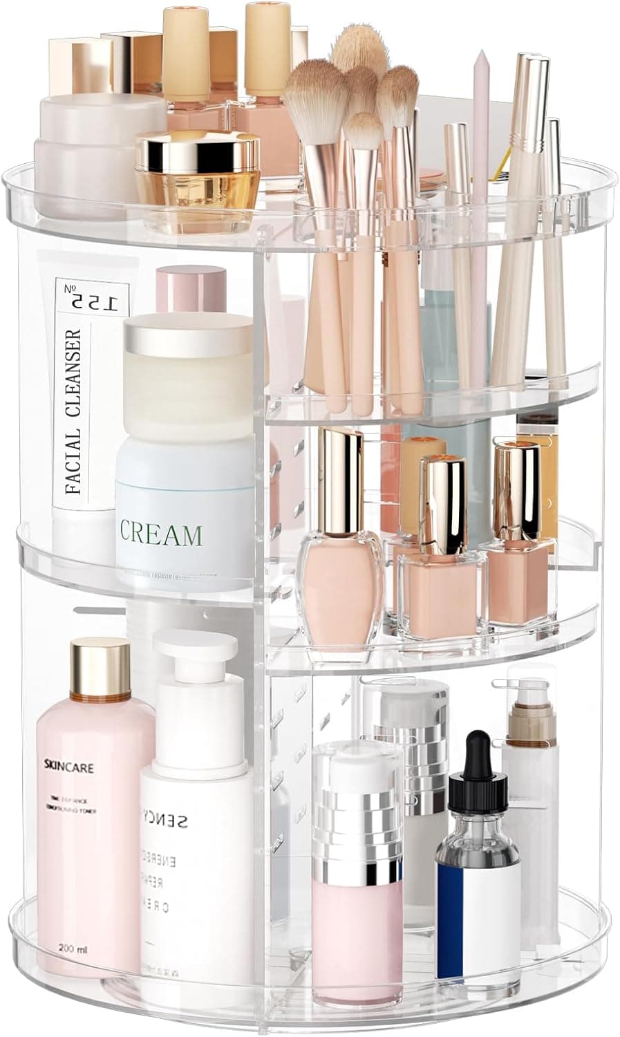 Rotating Makeup Organizer, DIY 8 Adjustable Layers Spinning Skincare Organizer, Cosmetic Display Case with Brush Holder Perfume Tray, Multi-Function Storage Carousel for Vanity Bathroom Countertop Clear - Image 2