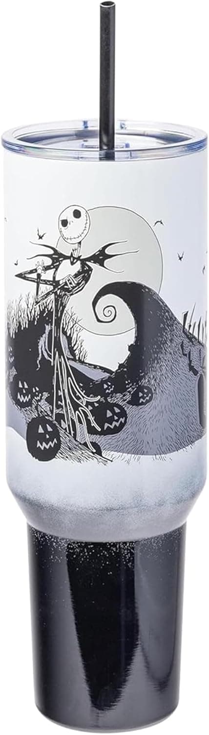 Silver Buffalo Disney Nightmare Before Christmas by Tim Burton Jack Skellington Hill and Moon Stainless Steel Tumbler with Handle and Straw, Fits in Standard Cup Holder, 40 Ounces Nightmare Before Christmas Hill and Moon Scene - Image 2